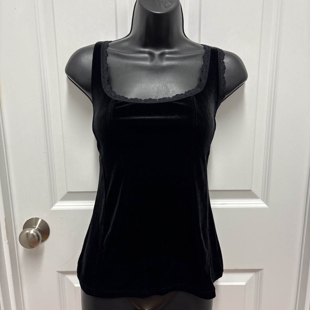 Cache Vintage Y2K Black Velour Lace Edge Corset Style Tank Top - Size Large